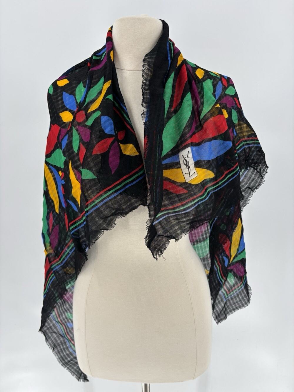 YSL Vintage Scarf Shawl Womens Black Multicolor Floral Fringe Sheer Wool Logo